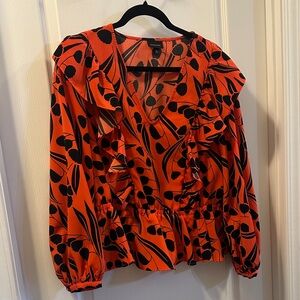 Who What Wear Orange and Black Ruffle Front Blouse